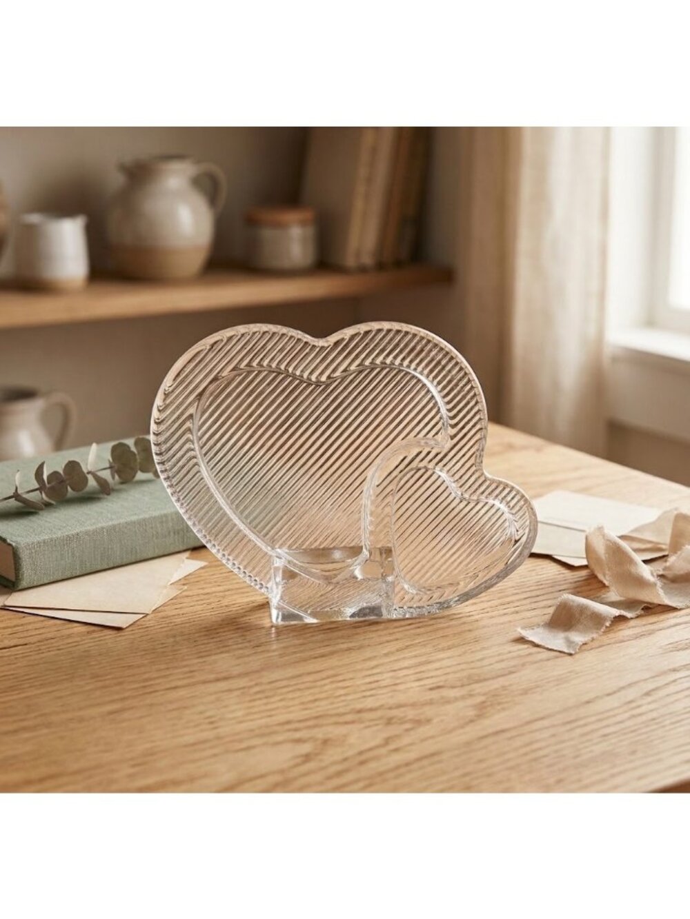 Vintage Mikasa Polished Portraits Crystal Double-Heart Picture Frame Clear Heavy